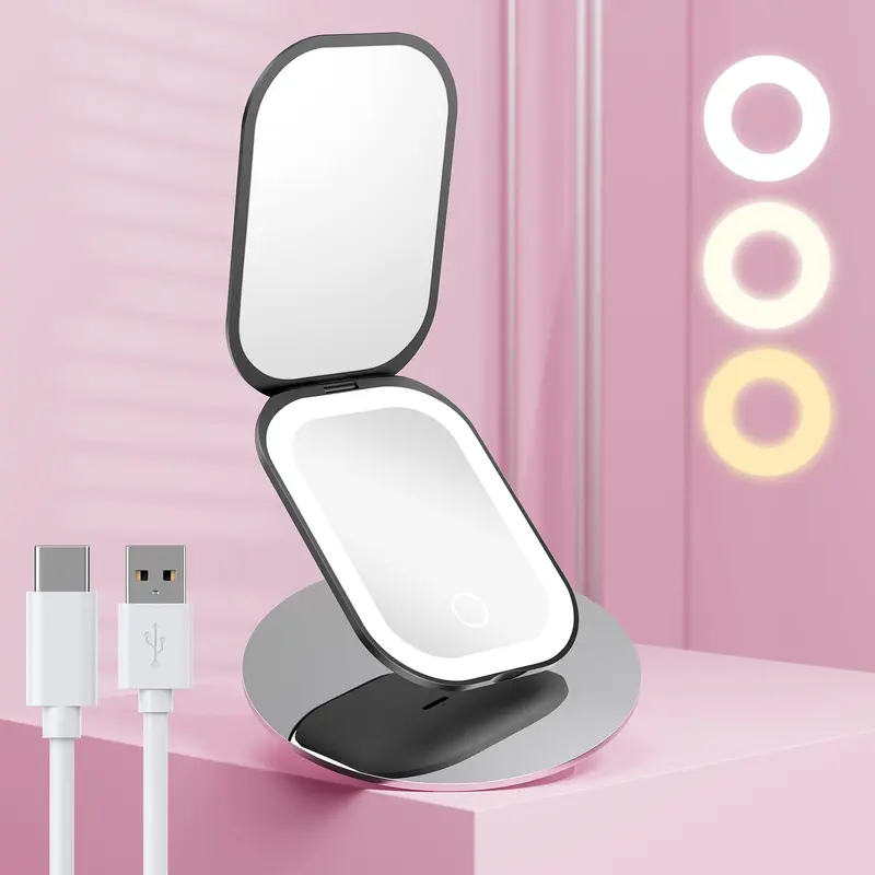 Benbilry Miroir de Voyage Compact avec Éclairage – 3 Couleurs, Grossissement 1x/3x, Rechargeable