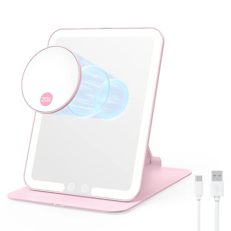 Benbilry Miroir de Voyage Pliable – Lumières LED et Grossissement 20x Rechargeable