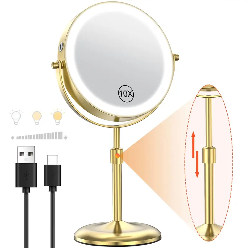 Benbilry Miroir Maquillage Éclairé – 3 Couleurs, 10x Magnification, Hauteur et Luminosité Réglables, Rechargeable, Doré