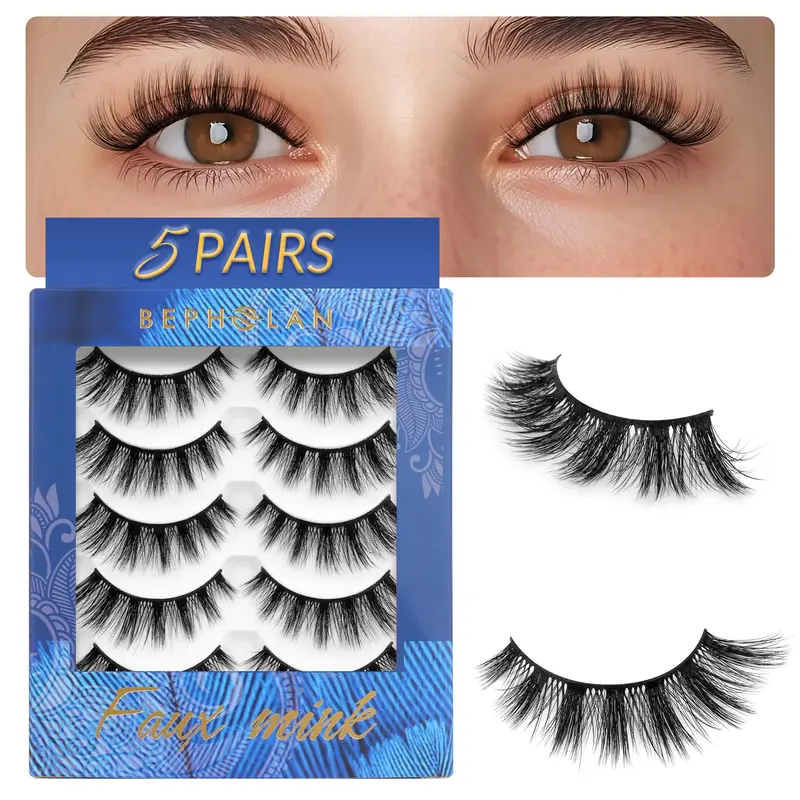 BEPHOLAN Faux Cils Naturel Look Wispy 3D – 5 Paires Volume Cat Eye DV05