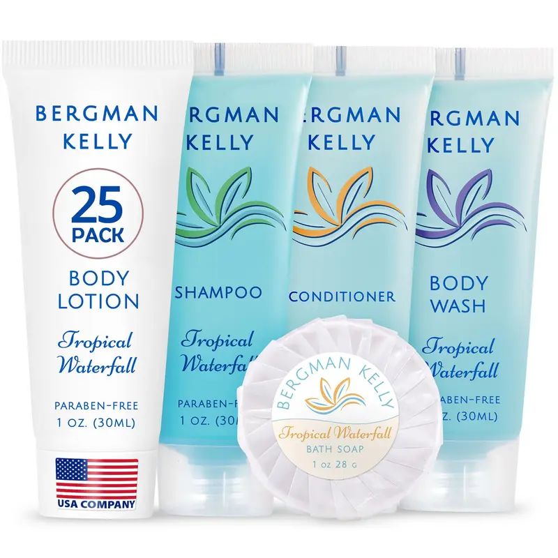BERGMAN KELLY – Ensemble hôtel Tropical Waterfall, 125 pièces (1 oz chacune) – Savon, Shampoing, Après-shampoing, Lotion et Gel douche