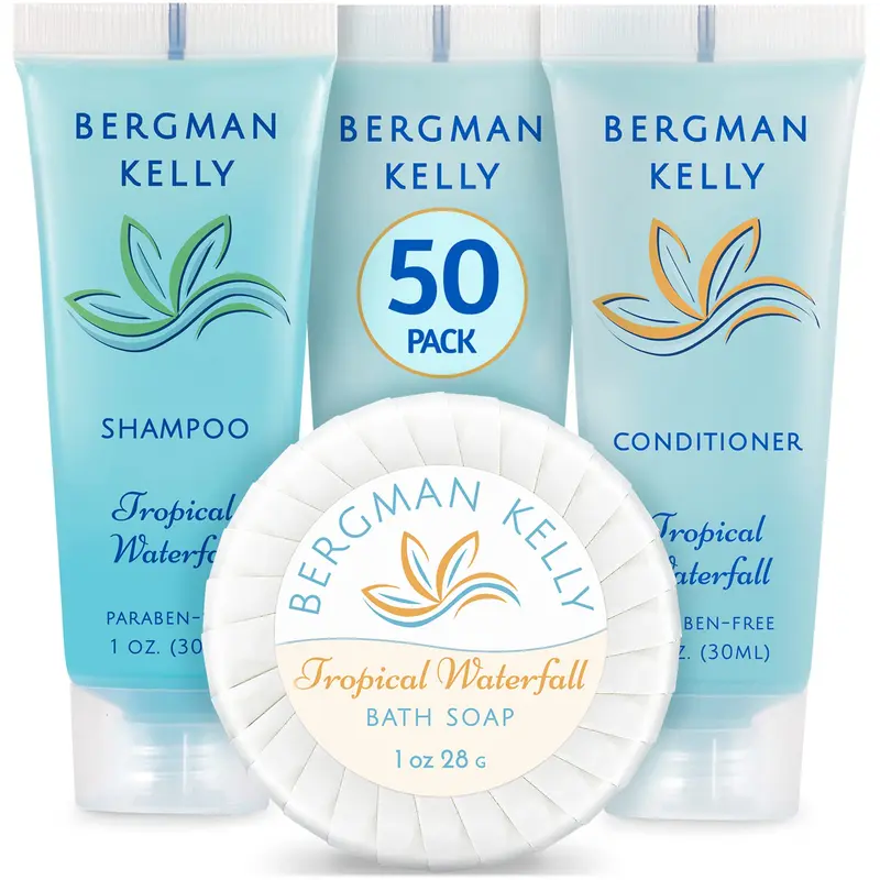 BERGMAN KELLY Lot Hôtel 3 Pièces — Savon Rond, Shampoing et Après-Shampoing (1 oz, 150 pièces, Cascade Tropicale)