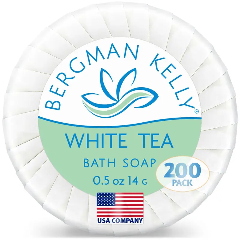 BERGMAN KELLY – Savons d’hôtel White Tea, 0,5 oz, Lot de 200 – Mini savons emballés pour Airbnb, hôtels et chambres