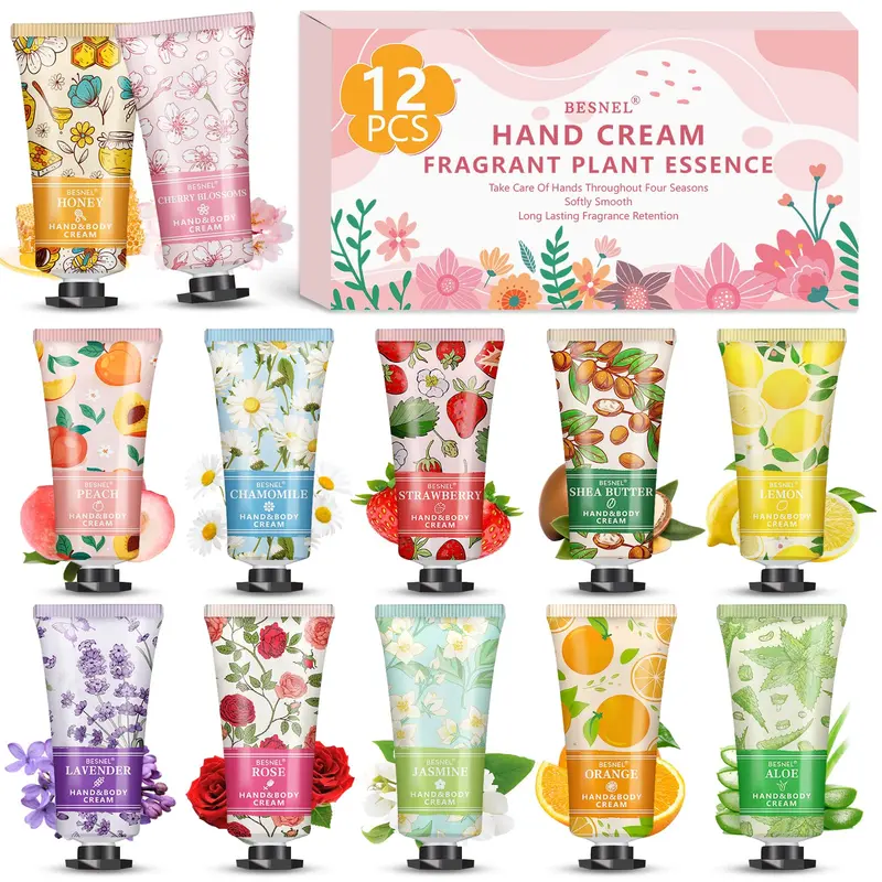 BESNEL – Coffret de 12 Crèmes Mains Parfumées, Hydratation Douce et Format Voyage
