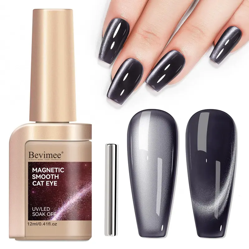 Bevimee Vernis Gel Œil-Chat Lueur Lunaire – Noir Magnétique, Éclat Holographique, UV, 12 ml