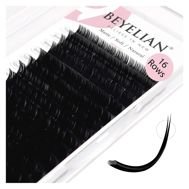 BEYELIAN Extensions Cils Ellipse Flat 0-15mm C Curl – 16 Rangées, Noir Mat, Salon