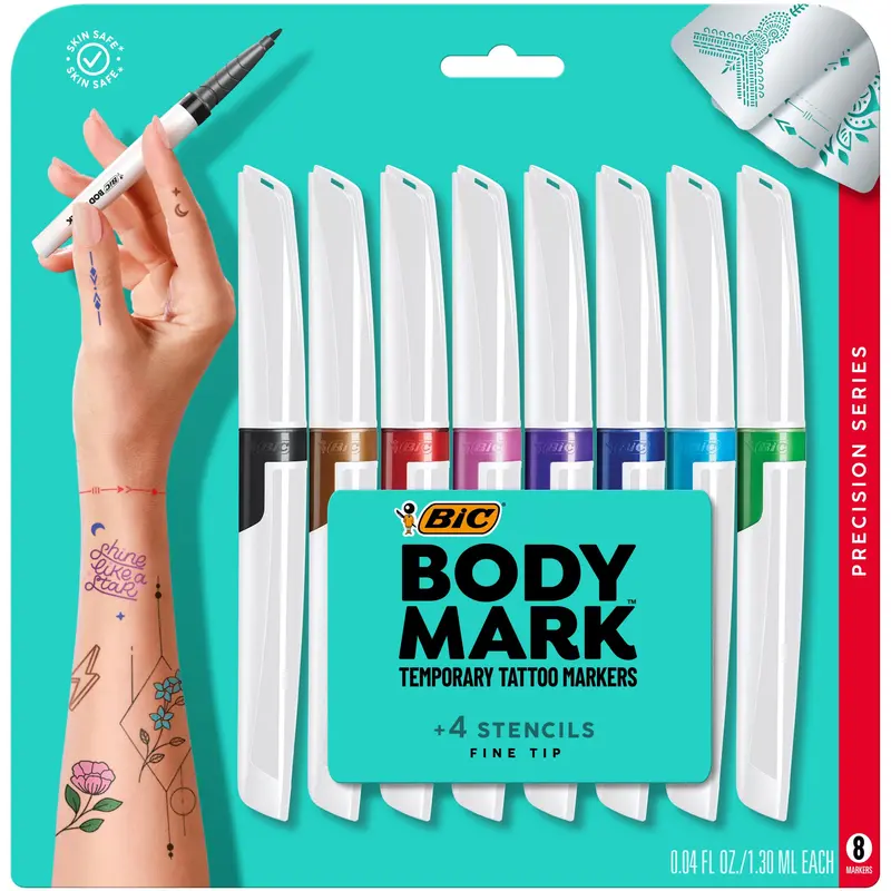 BIC BodyMark – Marqueurs Temporaires pour Peau, Pointe Fine, 8 Couleurs