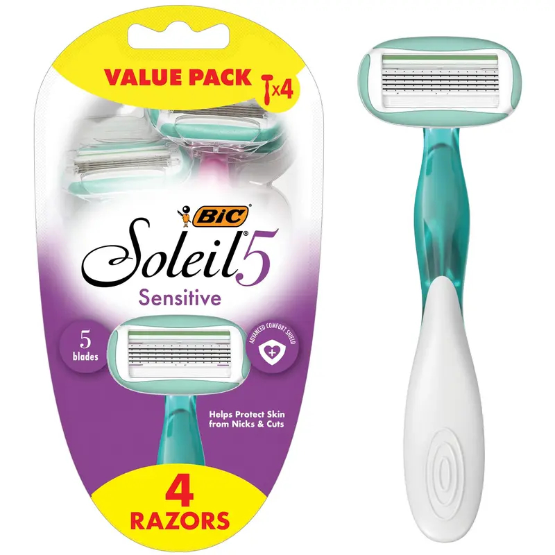 BIC Soleil 5 Sensitive – Rasoirs Dames Jetables, Lot de 4, 5 Lames, Bandes Hydratantes 360° et Tête Pivotante