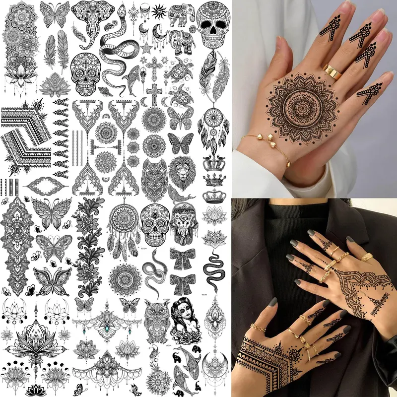 Bilizar 32 Feuilles Tatouages Temporaires Noirs — Tribal, Floral et Boho pour Femmes
