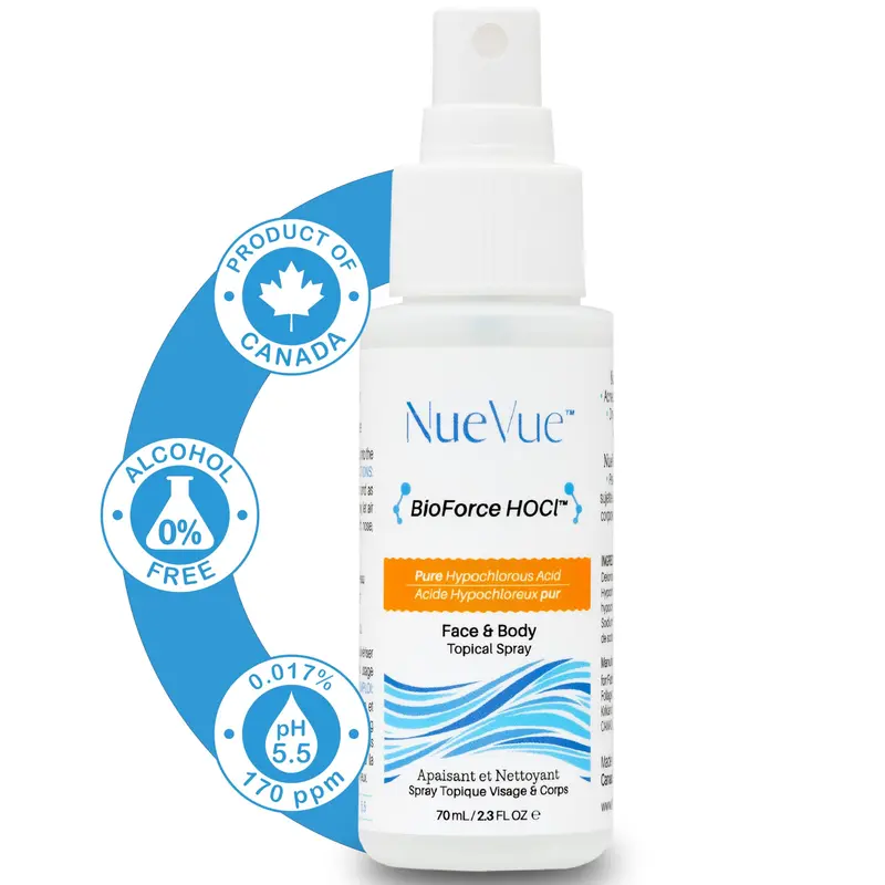 BioForce HOCl NueVue – Spray purifiant visage 70 ml, sans alcool, pH équilibré 5,5, fabriqué au Canada