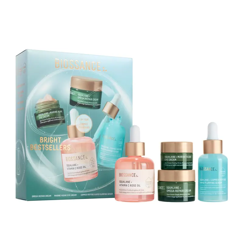 BIOSSANCE Coffret Meilleurs Vendeurs Édition Limitée – Huile Rose, Sérum Repulpant, Crème Omega et Crème Yeux Marine