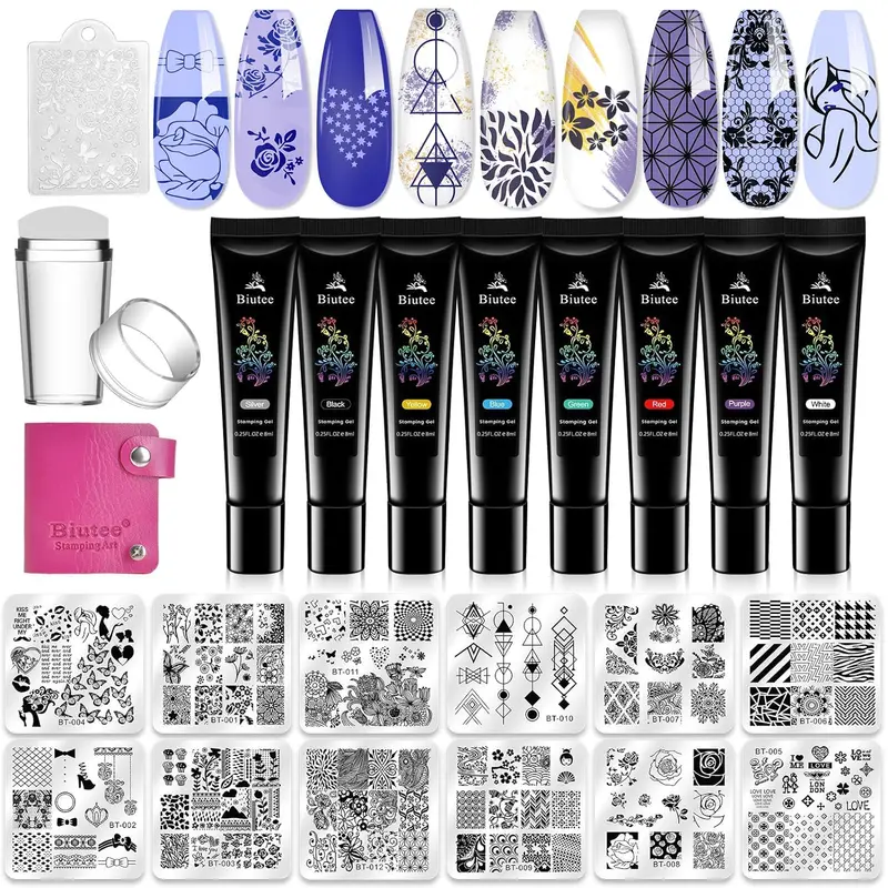 Biutee Kit stampage ongulaire – 12 plaques, 8 vernis gel, embout silicone