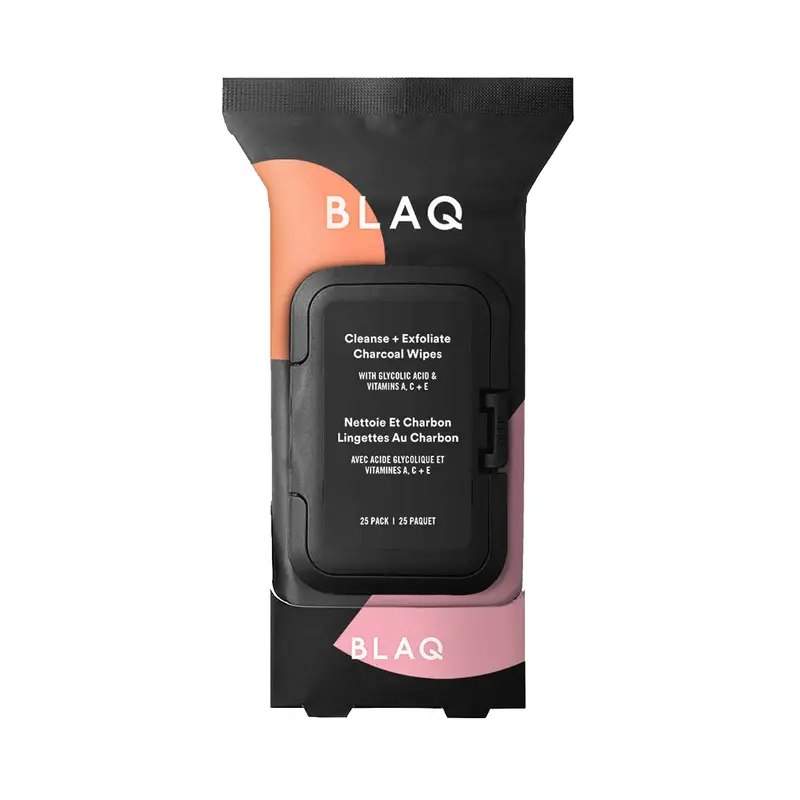 BLAQ Lingettes Visage Charbon Actif – Double Face, Démaquillage & Exfoliation AHA – Voyage 25 pièces