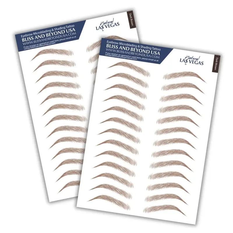 Bliss and Beyond USA — Tatouages sourcils waterproof, 2 feuilles, longue tenue, look naturel — couleur Naturel Las Vegas, brun foncé