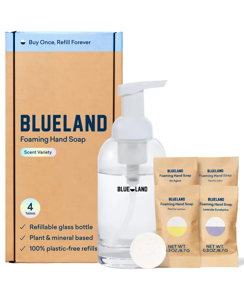 BLUELAND Ensemble Savon Mains – Distributeur en Verre Réutilisable + 4 Tablettes Rechargeables, Parfums Variés, 4 × 9 oz