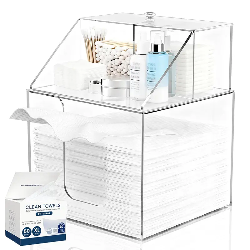 Boîte de rangement PCEEL pour serviettes visage XL – 3-en-1, double couche amovible, acrylique transparent