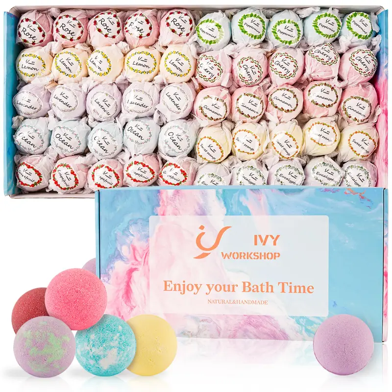 Bombe de Bain IvyWorkshop – Coffret 50 bombes naturelles, 10 parfums riches, cadeau idéal