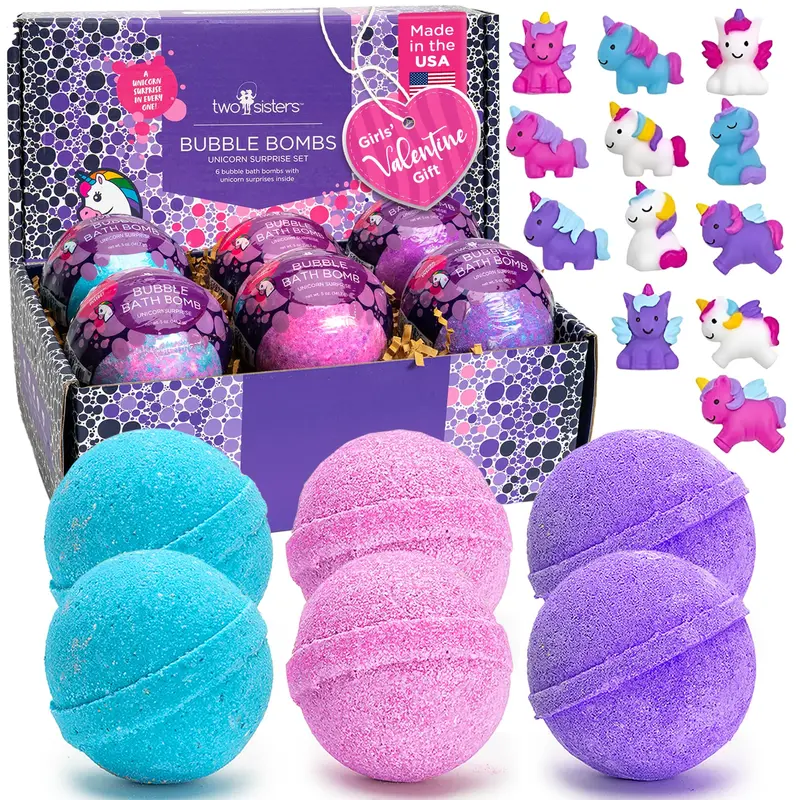 Bombe de Bain Licorne avec Surprise (Lot de 6) – Bulles Généreuses, Parfum Fruité, Sans Tache – Two Sisters, USA