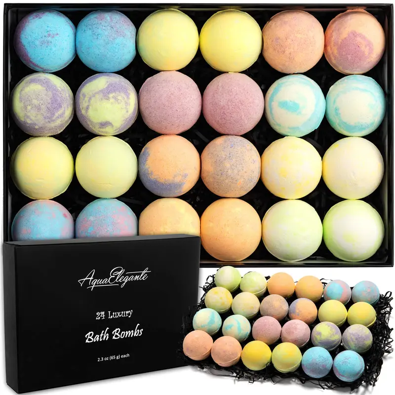 Bombes de Bain de Luxe Aqua Elegante – Coffret Cadeau 24 Bombes avec Huiles Essentielles Biologiques – Végan et Hydratant