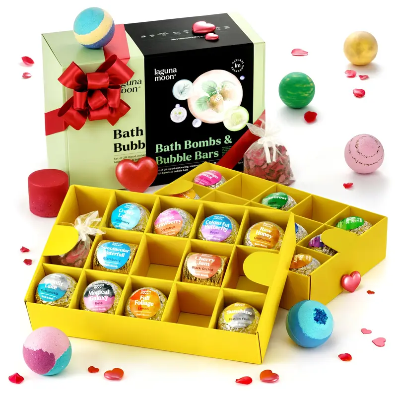 Bombes de Bain Lagunamoon – 25 Pièces XXL + 3 Barres Moussantes, Fleurs Séchées – Coffret Relaxant