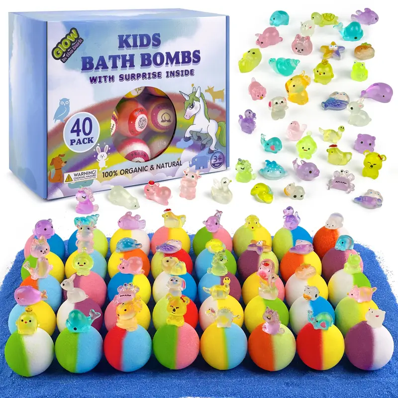 Bombes de Bain pour Enfants avec Jouets – Coffret Surprise 40 Bombes Bio et Naturelles (Dino/Licorne/Marine) – Cadeau Enfant