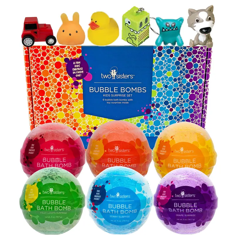 Bombes de Bain pour Enfants avec Surprise (Pack 6) – Couleurs, Bulles et Hydratation - Sans Tache, Fabriqué aux États‑Unis – Cadeau Two Sisters