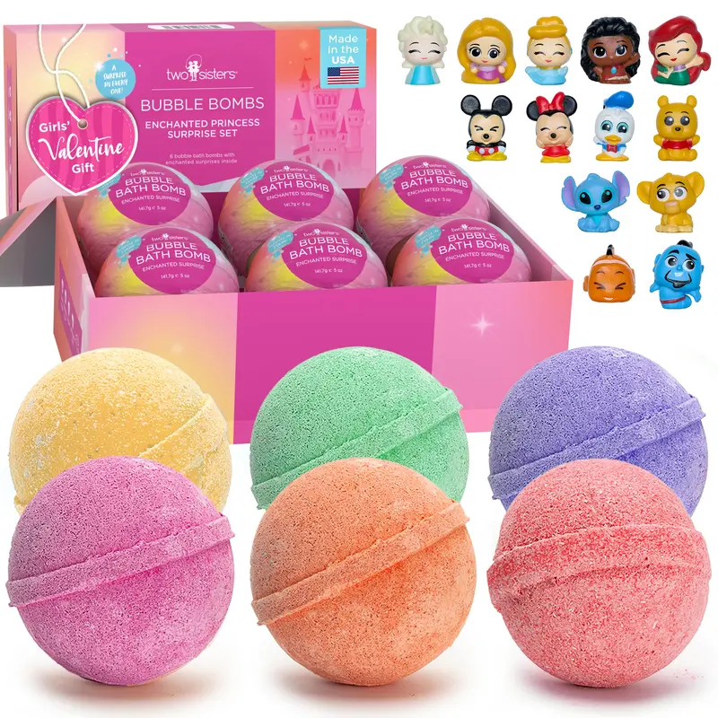 Bombes de bain Princess pour filles (6 pièces) – Surprises incluses et senteurs fruitées – Fabriquées aux États‑Unis par Two Sisters