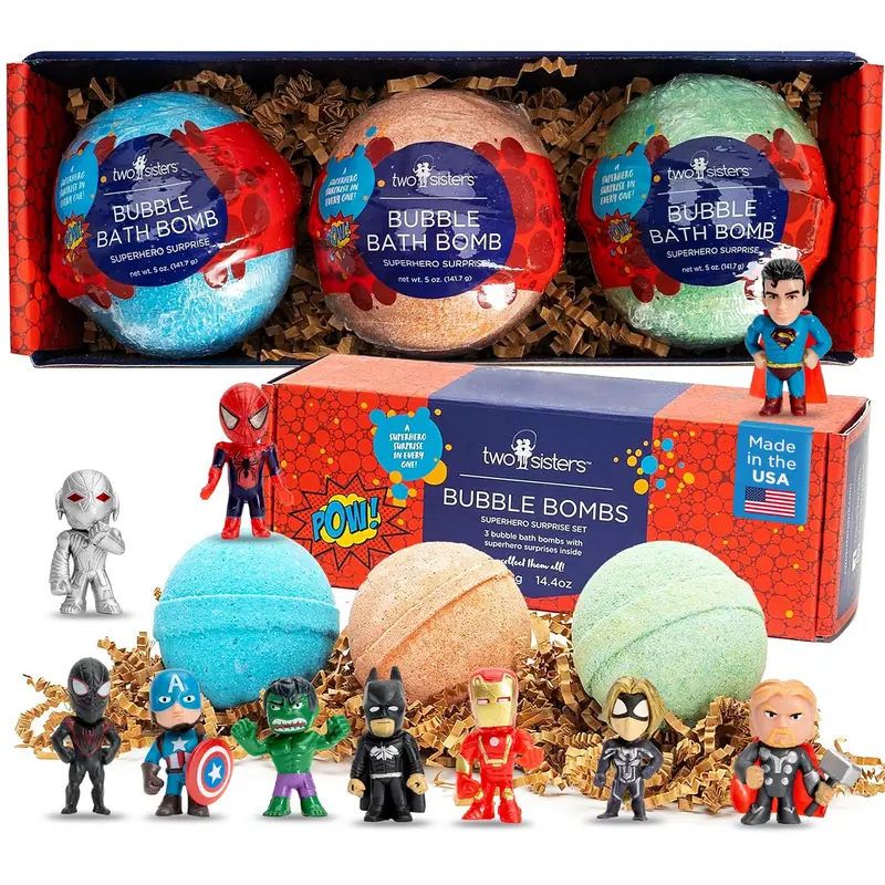 Bombes de bain super-héros pour enfants (pack de 3) – Jouets surprises, bulles généreuses et arômes fruités – Fabriquees aux Etats-Unis | Marque Deux Soeurs
