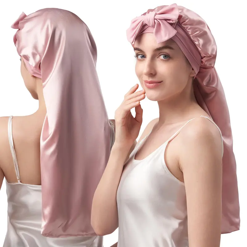 Bonnet en soie double-couche YFONG – 22 Momme, 68 cm, pour cheveux longs, rose