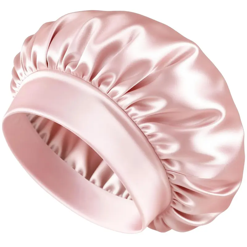 BONNET QUEEN – Bonnet en soie pour dormir avec bande élastique large, anti-frisottis pour cheveux bouclés, crème rose