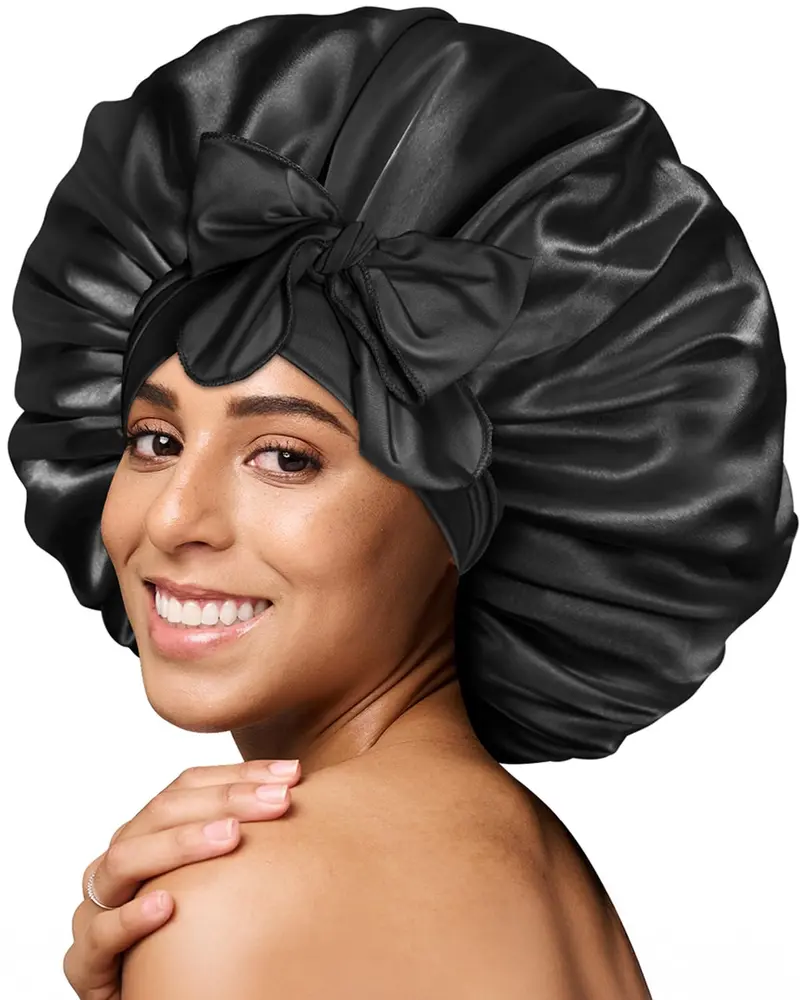 BONNET QUEEN - Grand bonnet satin pour dormir, cheveux bouclés et locs, noir