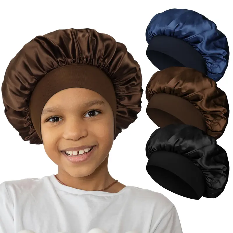 Bonnet Satin Enfant Aiphamy – Lot de 3, Bande Large, Sommeil Doux (Noir, Café, Bleu Foncé)