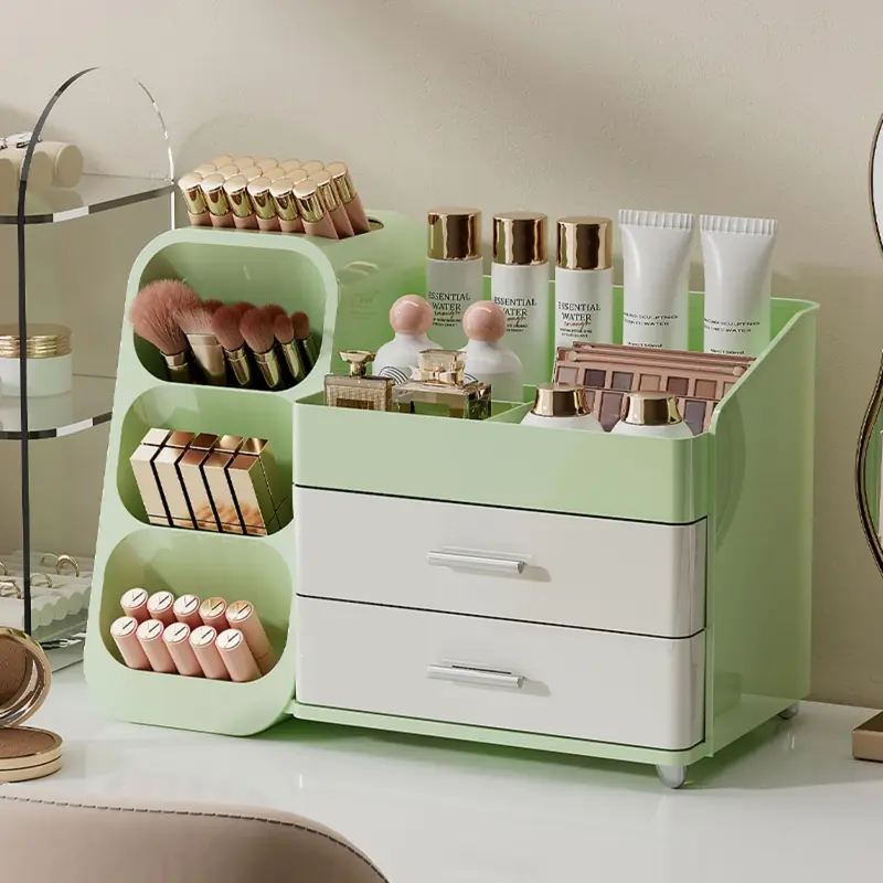 Booklov Organisateur de Maquillage avec Tiroirs — Grand Rangement pour Coiffeuse Vert et Crème