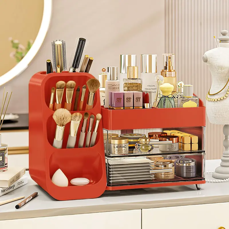 Booklov Organisateur maquillage avec tiroirs rouge – Grand rangement pour vanité
