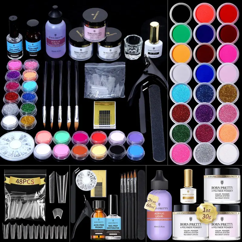 Born Pretty Kit Acrylique Tout-en-Un pour Ongles – 96 Pièces, Poudre et Monomère, Accessoires