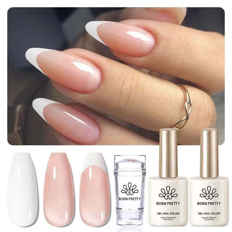 Born Pretty Kit Manucure Française – Stampe Ongles et Vernis Gel Blanc et Nude Jelly, Cure UV et LED