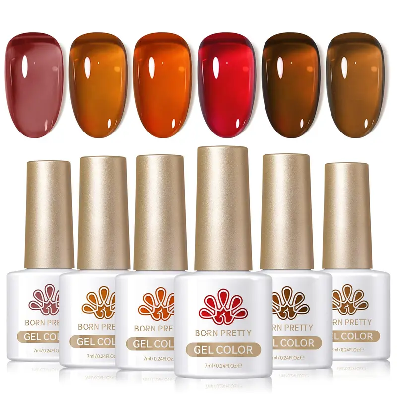 Born Pretty Vernis Gel 6 pièces 7 ml – Ambre Crystal Transparent, Marron, Orange, Rouge, Effet Marbré