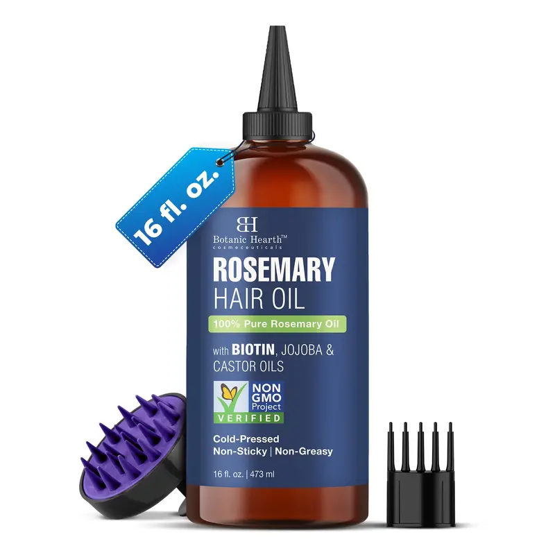Botanic Hearth Huile pour Cheveux au Romarin – Biotine, Ricin et Jojoba | Soin Cuir Chevelu compatible colorations, 16 fl oz