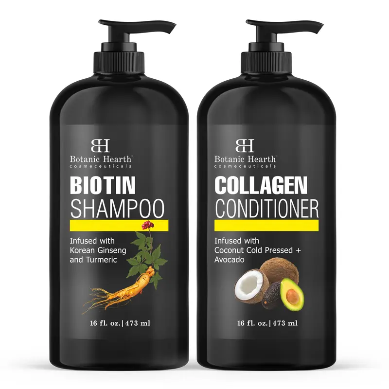Botanic Hearth Shampooing Biotine et Après-Shampooing avec Collagène | Lutte contre la perte de cheveux avec Ginseng coréen et Curcuma, soin nourrissant à l’Avocat et Noix de coco | 16 oz x 2