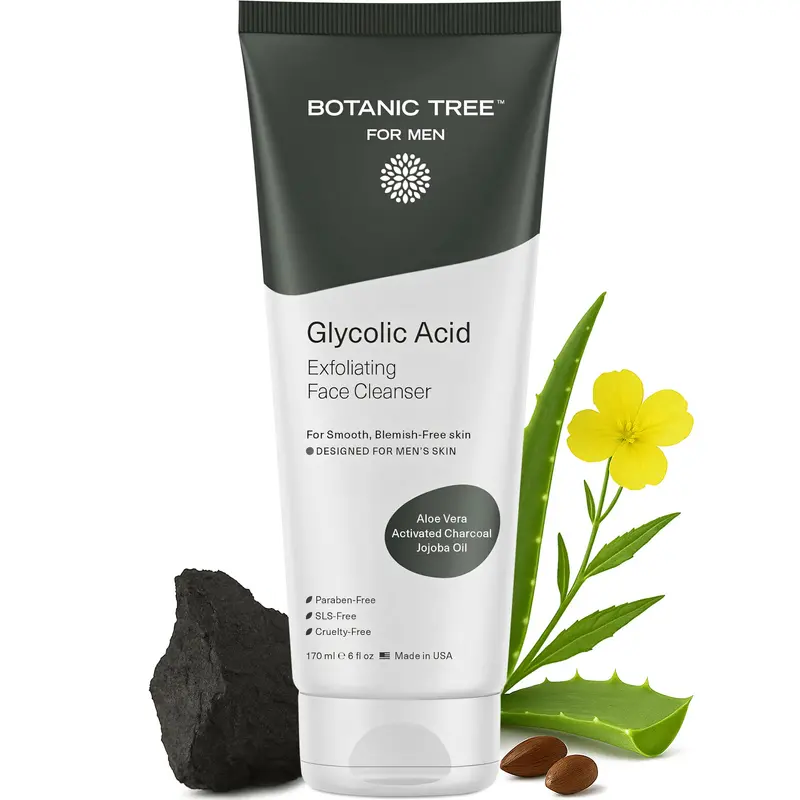 Botanic Tree Nettoyant Visage Glycolique pour Hommes — Nettoyant et Gommant au Charbon Actif, 10% Acide Glycolique, 177 ml