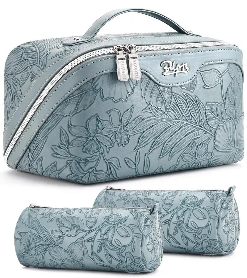 BOYATU Sac de Maquillage de Voyage – Ensemble 3 Pièces, Grande Capacité, Floral, Étanche avec Poignée (Bleu Clair 01)