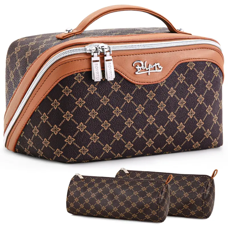 BOYATU Trousse de Maquillage Voyage 3 Pièces avec Poignée – Cuir Vegan Imperméable