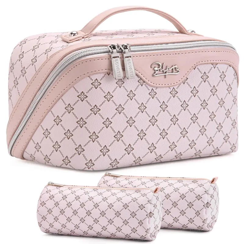 BOYATU Trousse de Maquillage Voyage 3 Pièces – Grande Capacité, Cuir Vegan Étanche, Avec Poignée