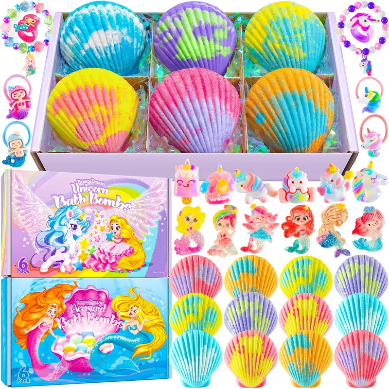 BreezeDream Bombes de Bain Coquille – 12 pièces, 20 jouets surprises, Thèmes Sirène et Licorne