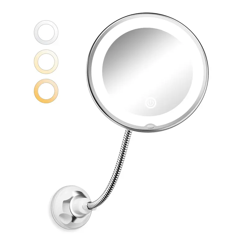 Brightown Miroir 10x Magnifiant avec Lumières – Bras Flexible et Ventouse (Argent), 3 Modes d'Éclairage