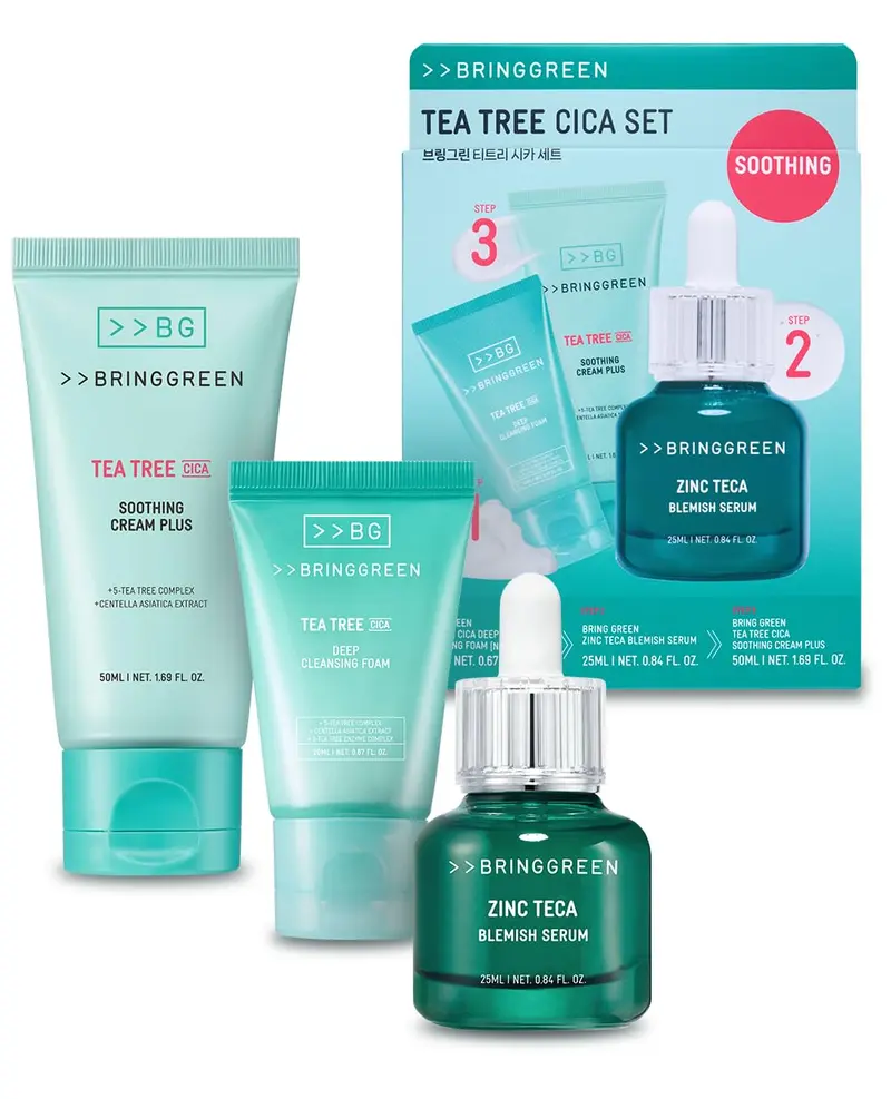BRING GREEN ENSEMBLE ARBRE À THÉ CICA – Kit soin coréen pour peaux sensibles et acnéiques | Sérum Zinc-Teca, Mousse Nettoyante et Crème Hydratante