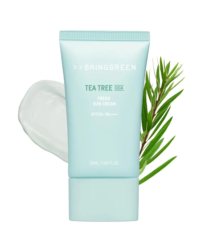 BRING GREEN Soin Solaire Minéral Tea Tree CICA SPF 50+ PA++++ – Zinc Non‑Nano, Peaux Sensibles, Sans Huile, 50 ml