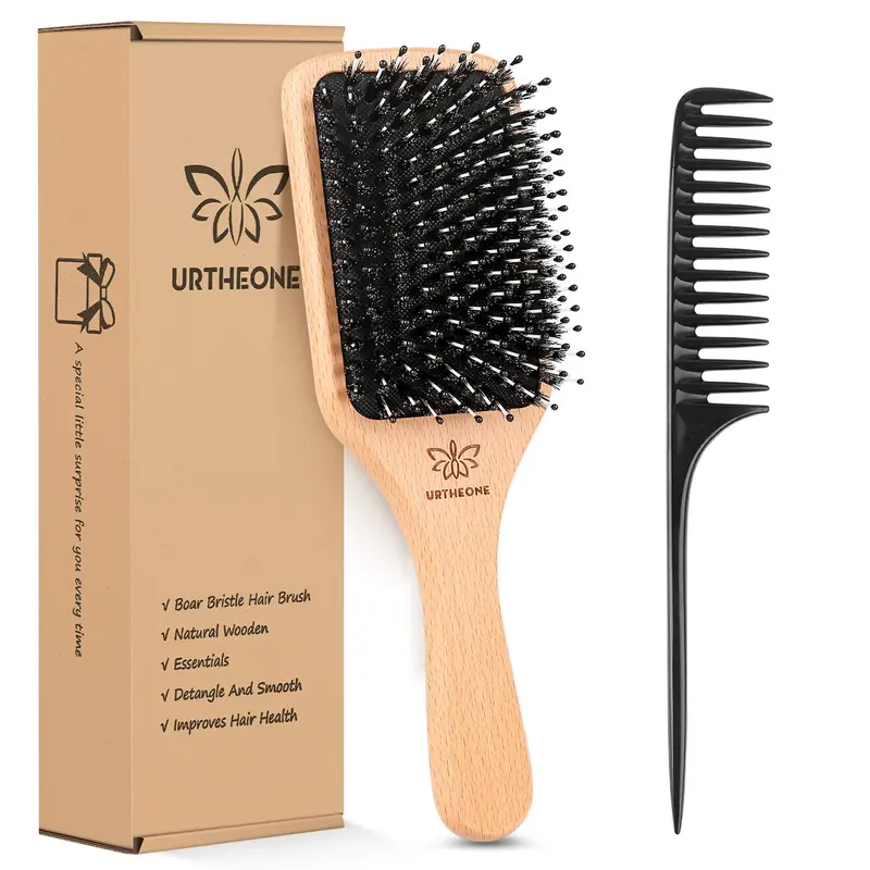 Brosse à Cheveux en Poils de Sanglier URTHEONE – Brosse Paddle pour Cheveux Épais et Bouclés, Sec ou Humide, Donne de la Brillance