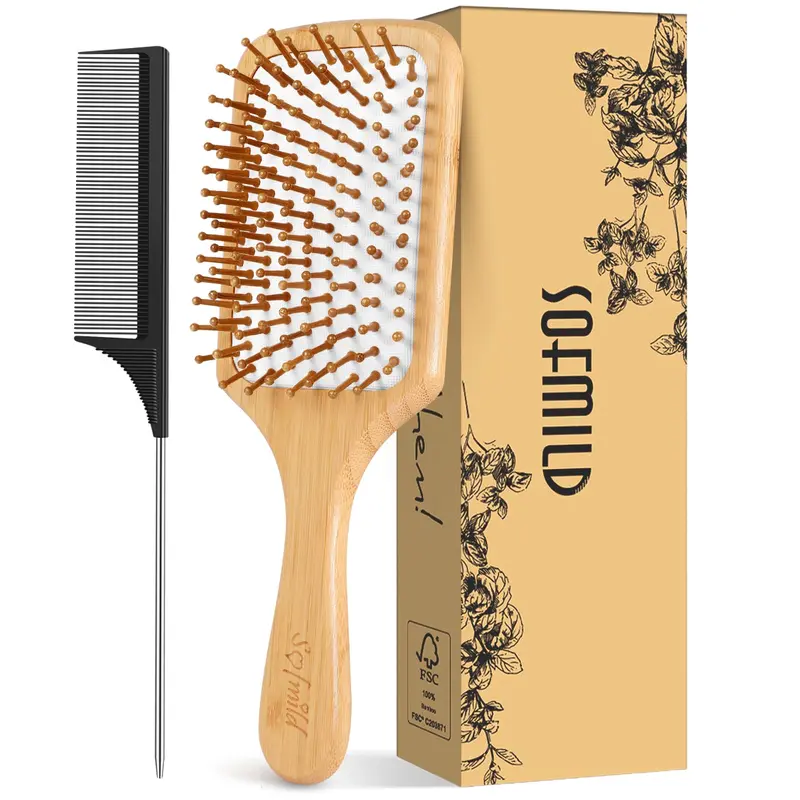 Brosse à cheveux Sofmild – Paddle en bois de bambou naturel + peigne tail pour démêlage en douceur