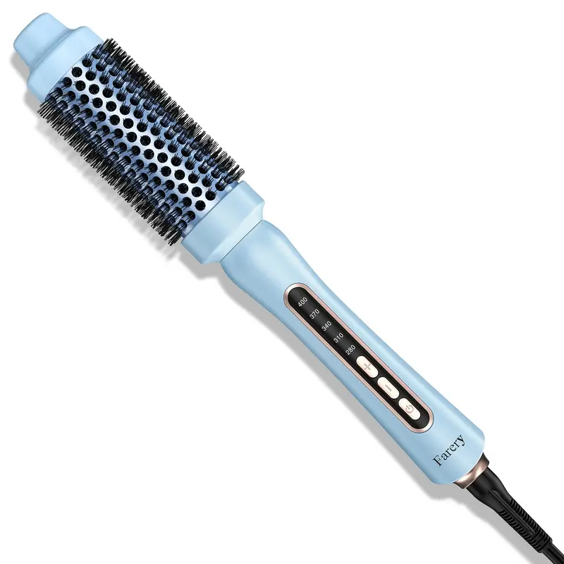 Brosse thermique Farery – Design sans souffle, Barillet 1,5 pouce, Température réglable 5 niveaux, Double tension, Anti-nœuds, Bleue